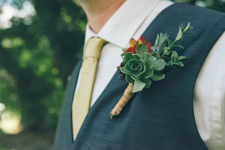 a man is wearing a blue vest and a boutonniere