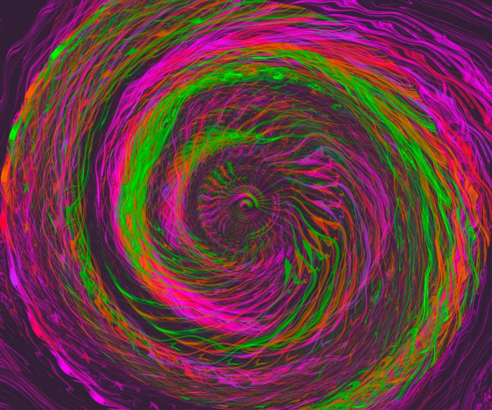 an abstract picture of a circular spiral with green and pink highlights