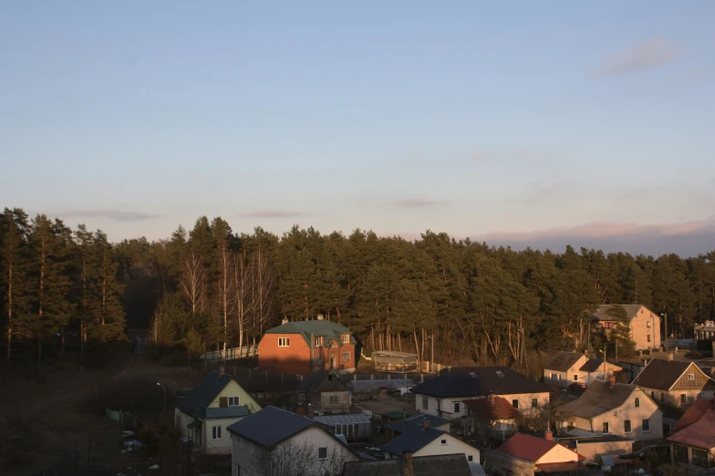 a town near a forest on a very bright day