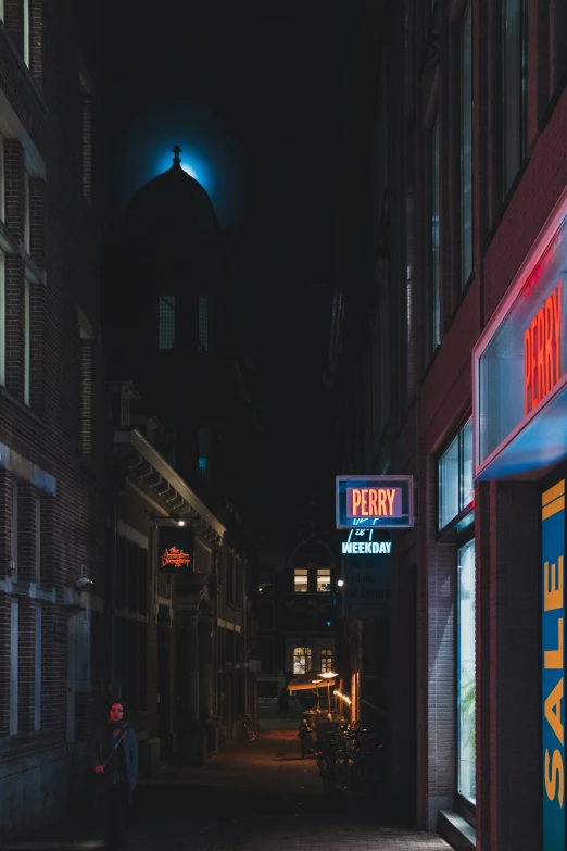 a dark alleyway with the neon signs lite up