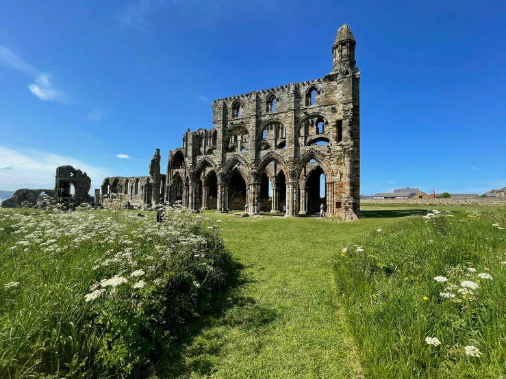 the remains of a cathedral in a field