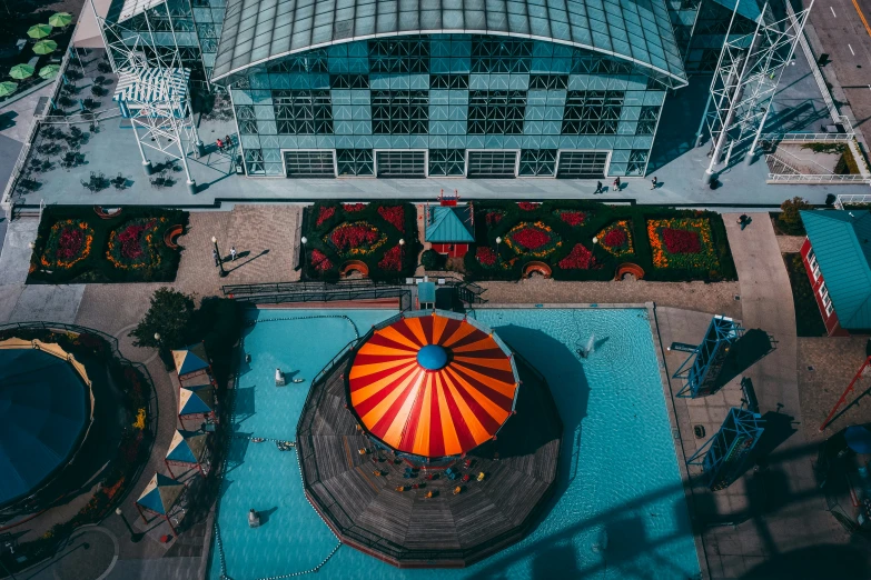 an aerial s of a carnival tent at the top of a building