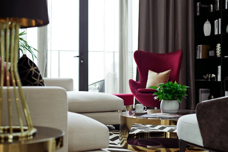 modern living room with white and red chairs, coffee table and shelf full of plants