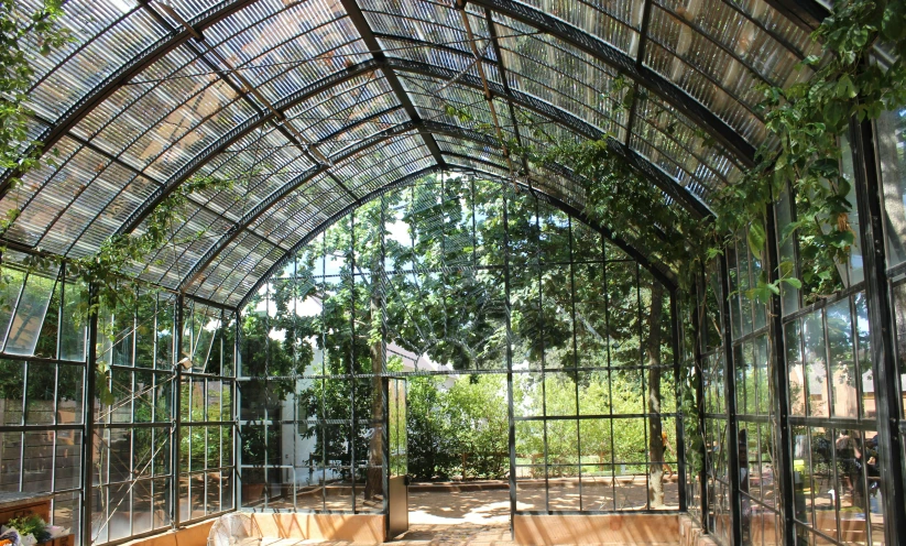 an enclosure covered in glass and metal, with several wooden benches below it