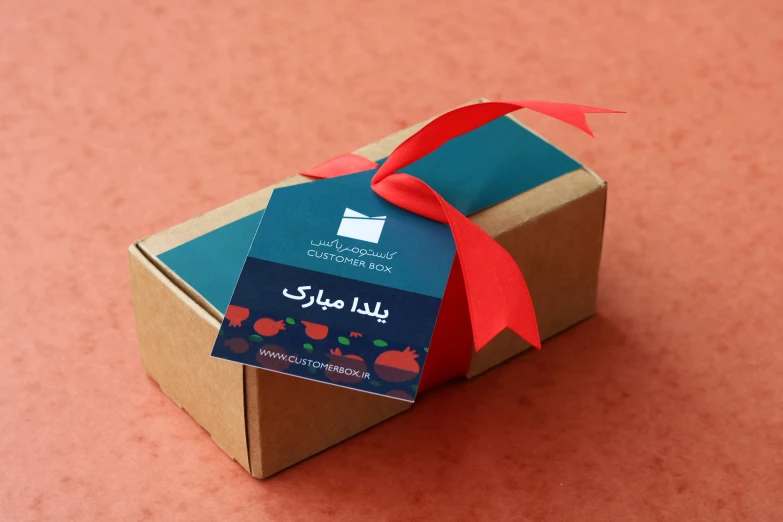 a small cardboard box containing a card on a red table