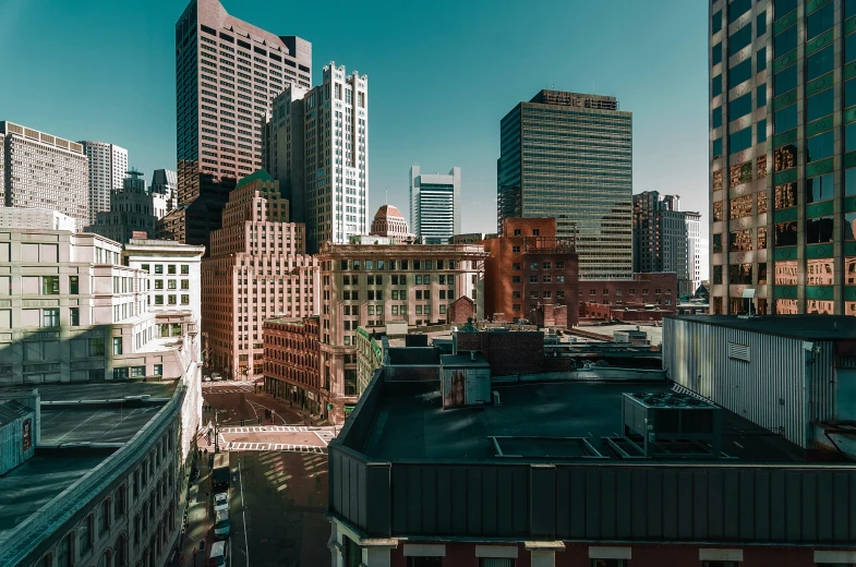 view of large city buildings from high above