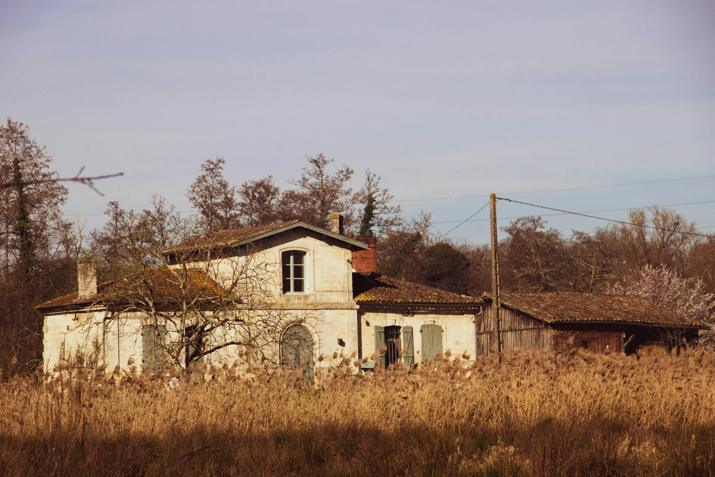 an abandoned building is in the middle of a field