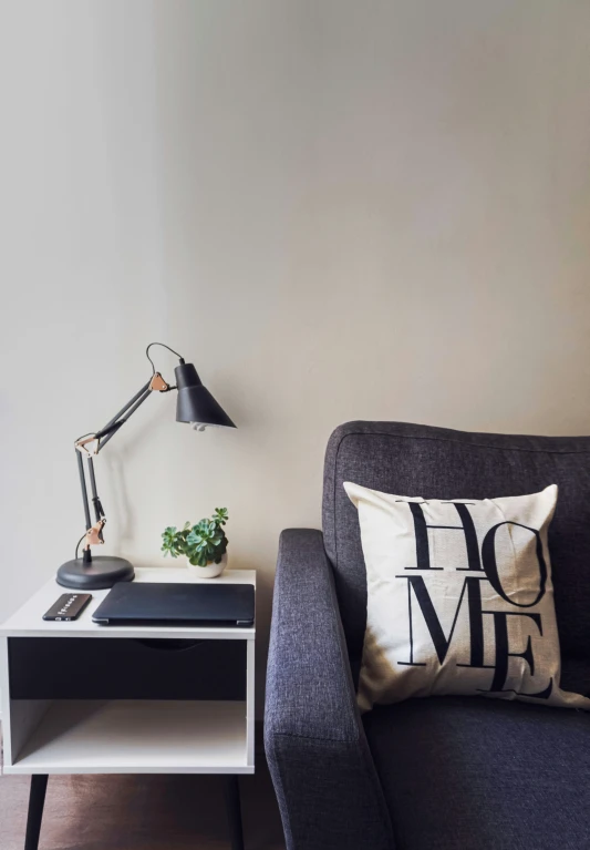 a living room with a sofa, chair and a lamp