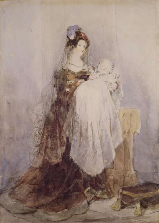 a woman in a dress holding a baby while wearing a hat