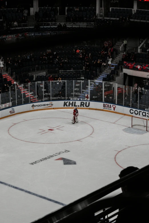 the goalie in an ice hockey rink is waiting for his s
