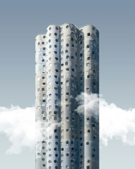 two towers, one is full of windows and the other contains a cloud