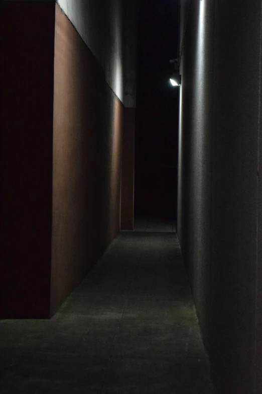 a narrow hallway with dark walls and concrete floors