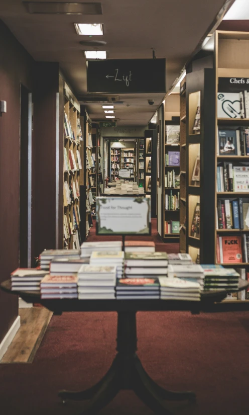 a long room has books on the tables