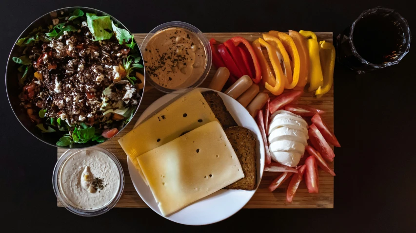 a  board with different foods on it