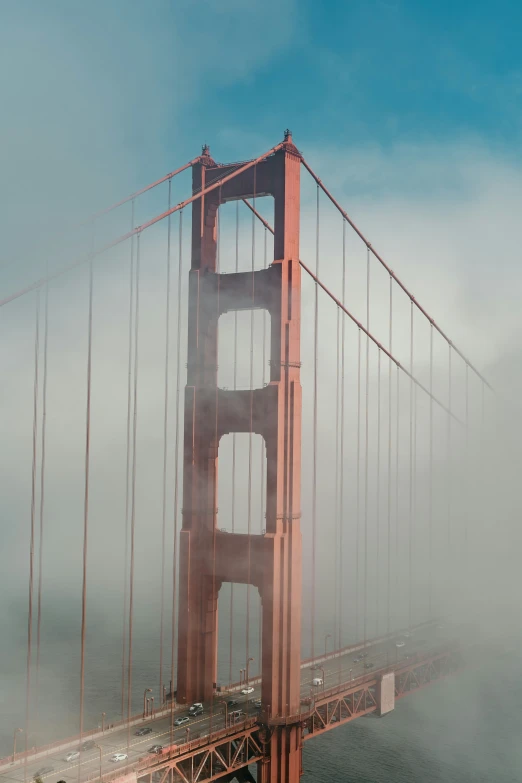 golden gate bridge surrounded by fog on a very cloudy day