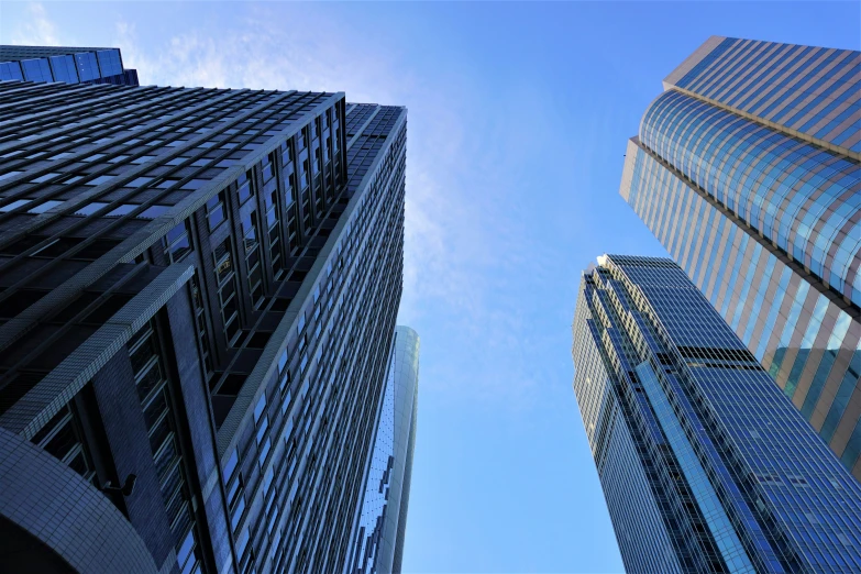 several skyscrs with glass windows in front of a clear blue sky