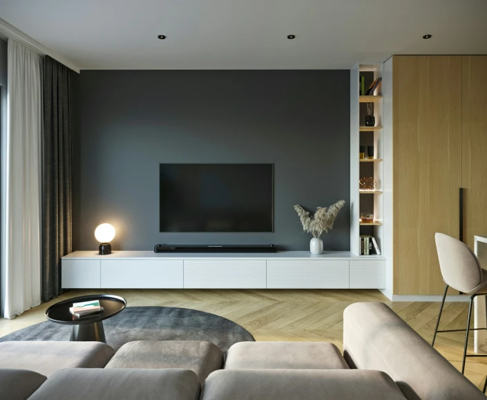 the modern living room is decorated in a sleek manner