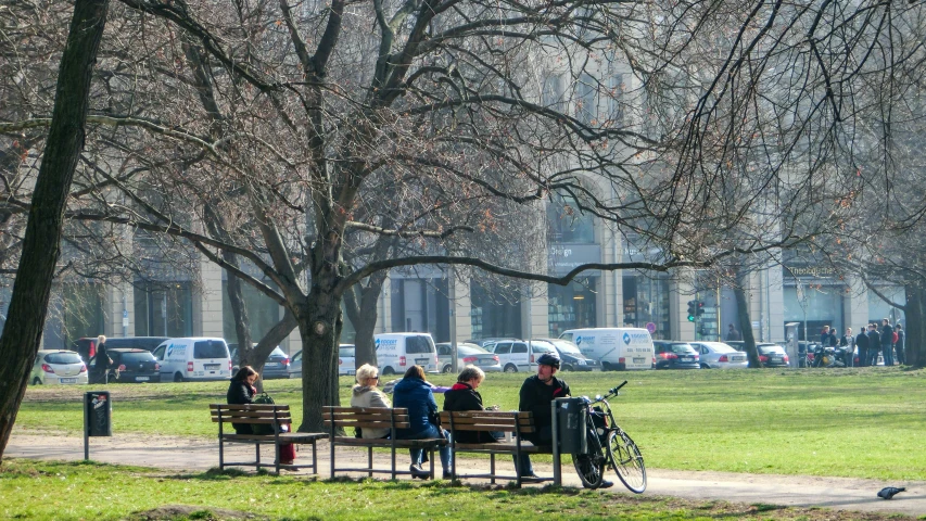 three people sitting on benches near trees in a park