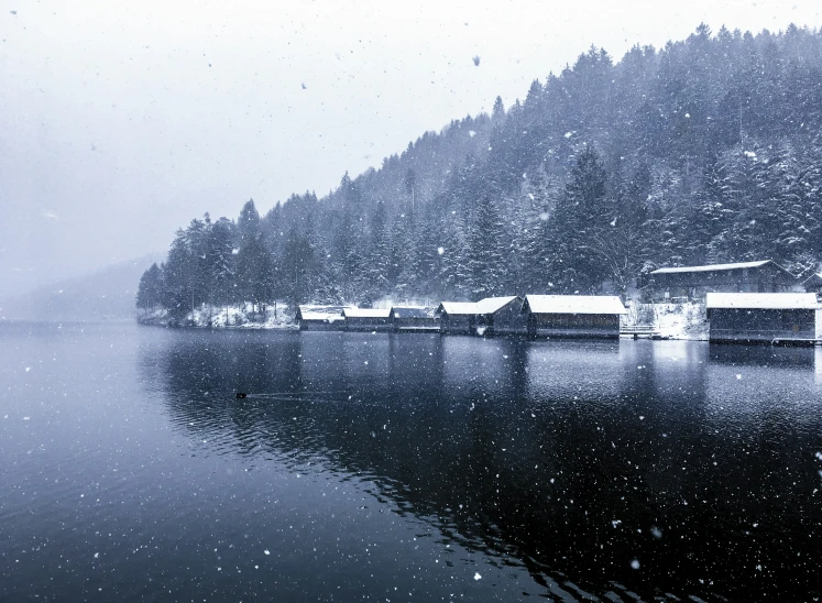 a lake with houses and a snowy mountain in the background