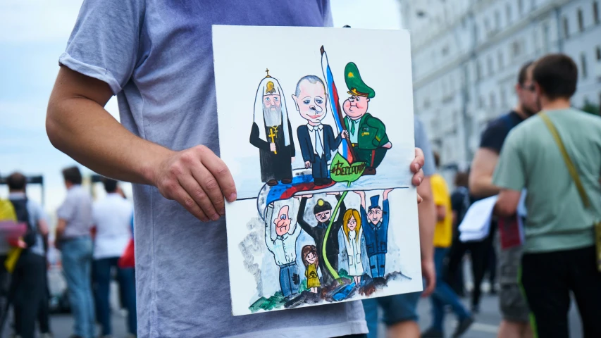 a drawing of political people holding a political poster