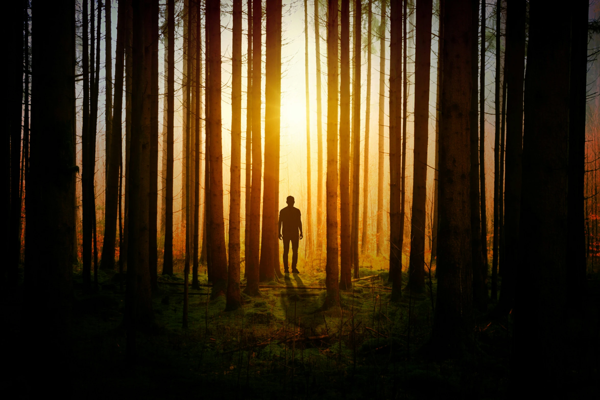 man standing in middle of the woods at sunrise