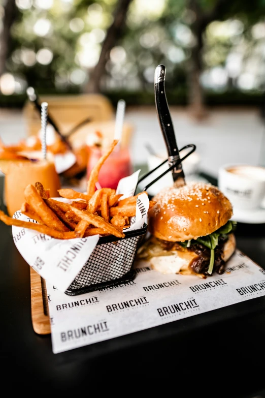 burger with fries sitting on a menu at a diner