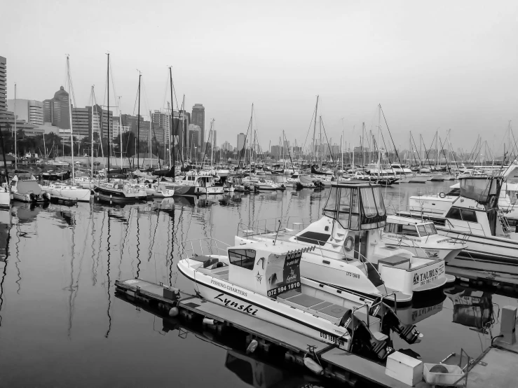 several boats are docked on a large lake