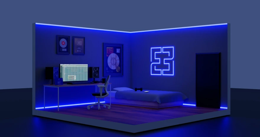 an art installation depicting a bedroom at night