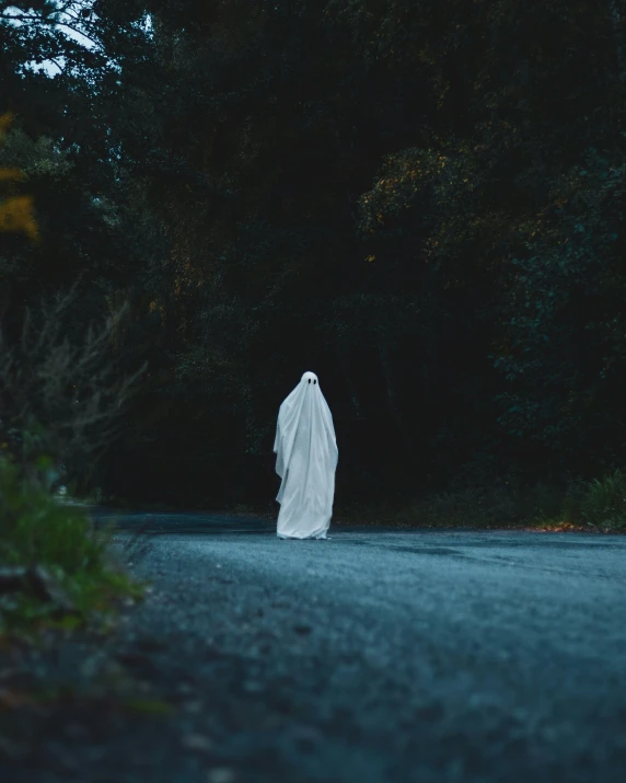 a ghostly woman standing on a road next to trees