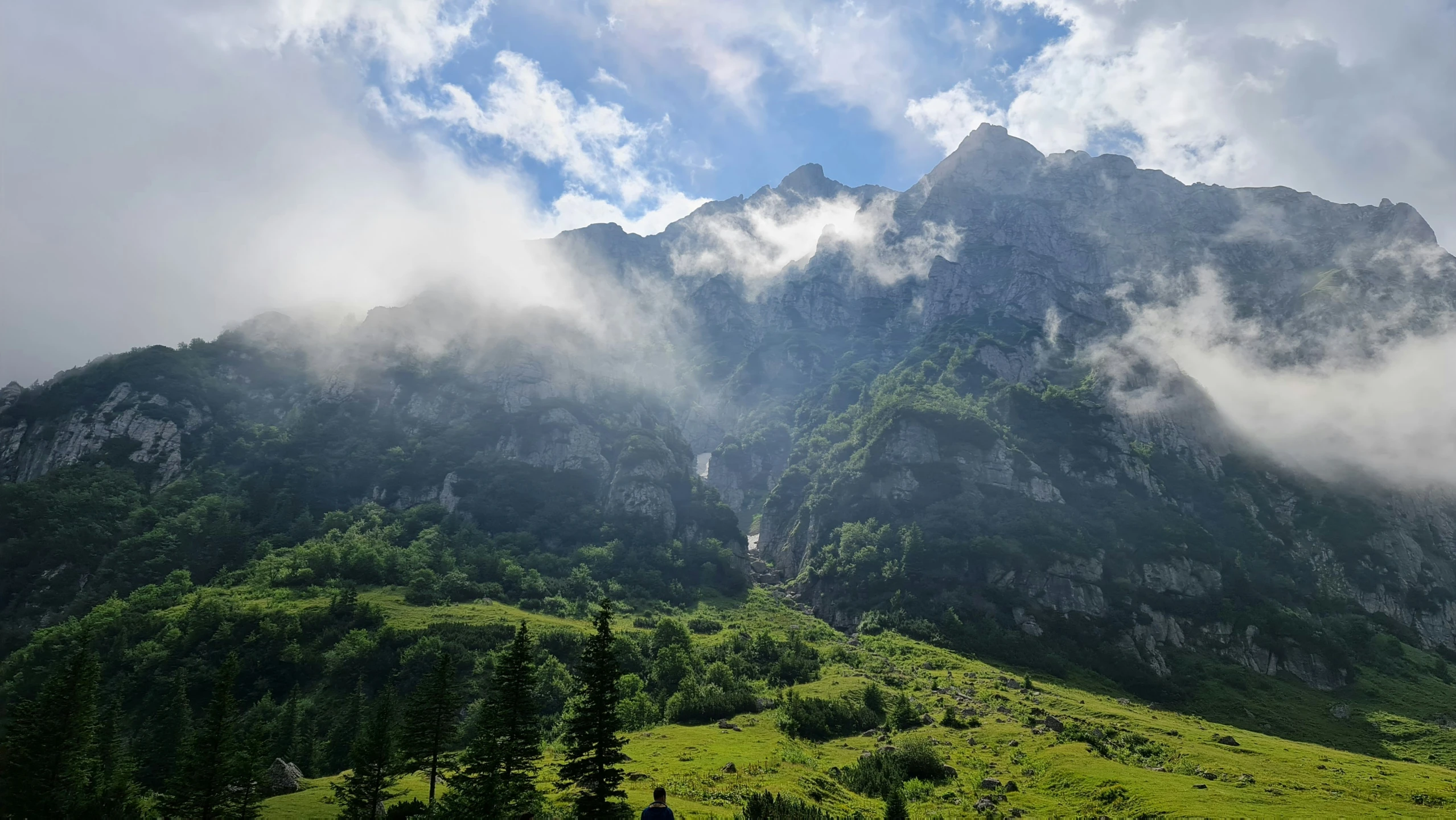 mountains and forests are seen through the clouds