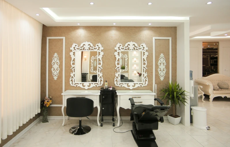 salon room with multiple chairs and mirrors