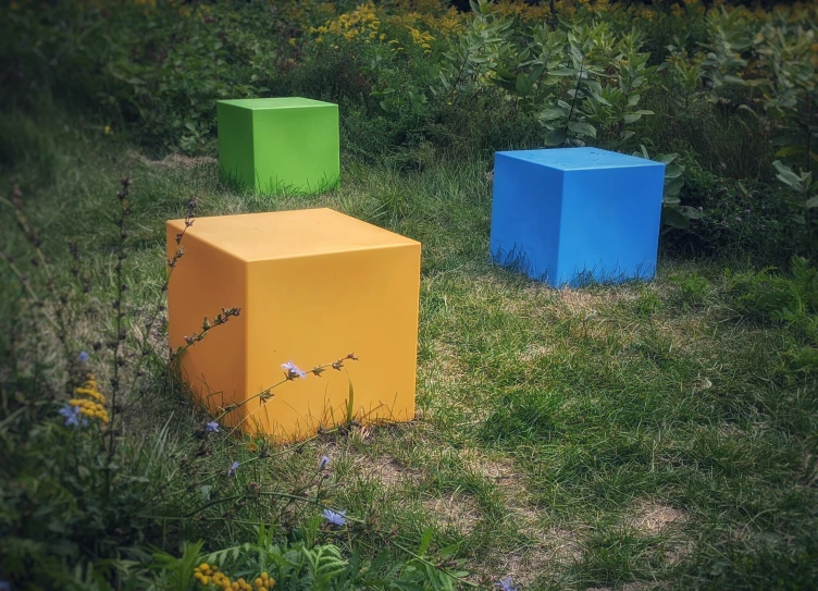 three cubes sit in a grassy field, one is painted yellow and one is blue