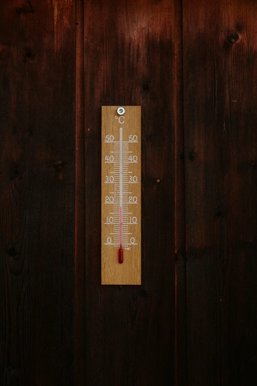 an thermometer is on the side of a wooden wall