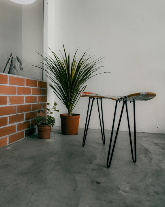 the table has two black legs and one is holding plant