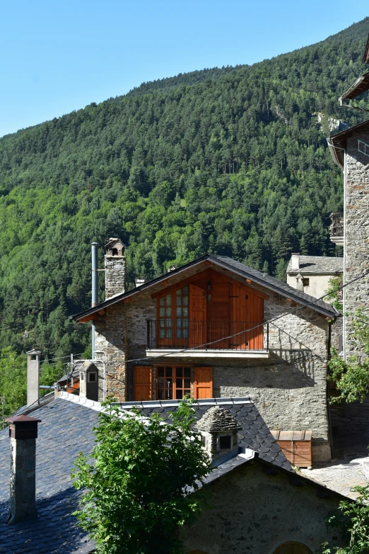 the house is located in front of a mountain with green trees on it