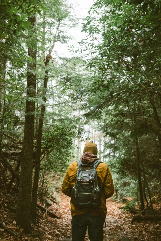 a man is standing in the woods in winter clothes