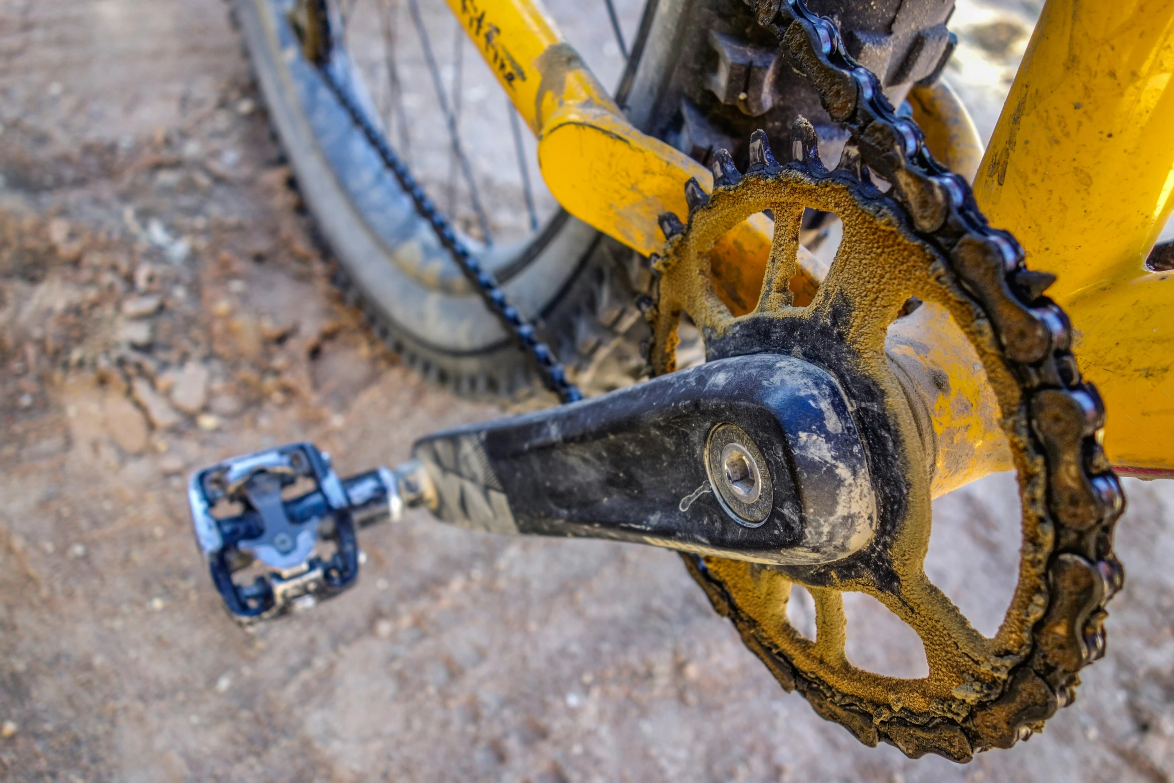 a close up of a bicycle chain on a dirty road