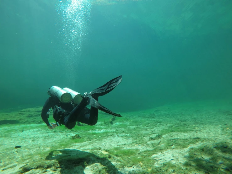 a scuba diver in black and white underwater diving