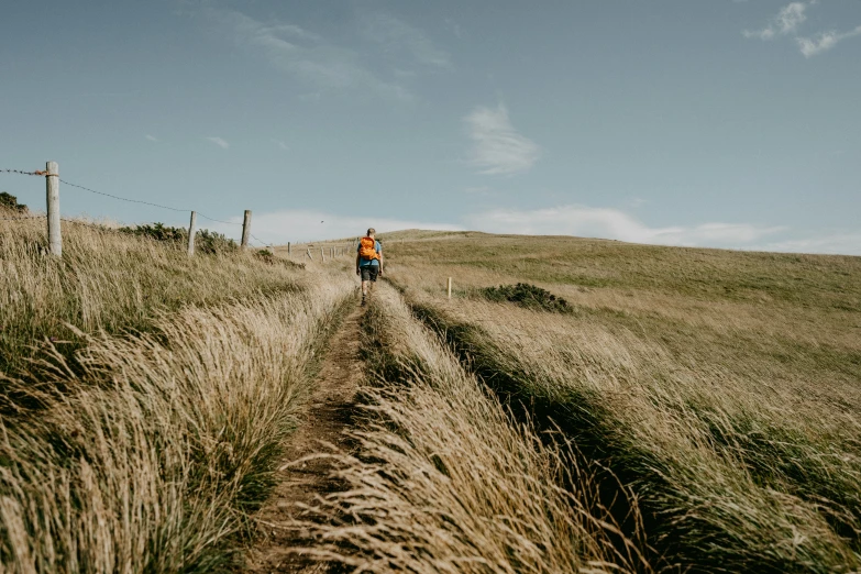 man in orange jacket walking on a dirt path