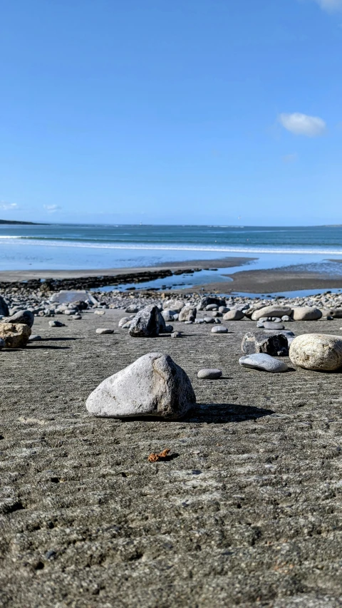 a beach that has a group of rocks on it