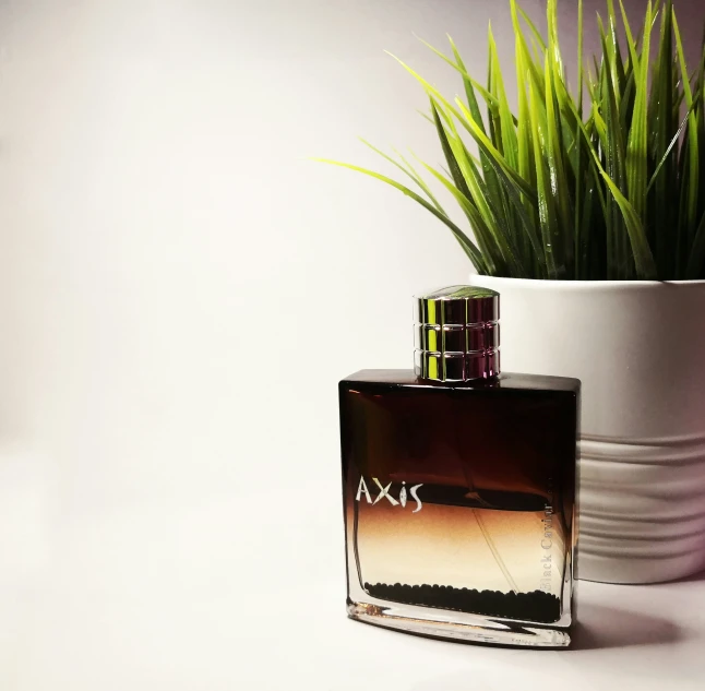 a vase with some grass and a bottle of cologne