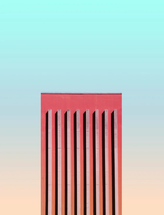 a tall red building with five vertical lines running down the face