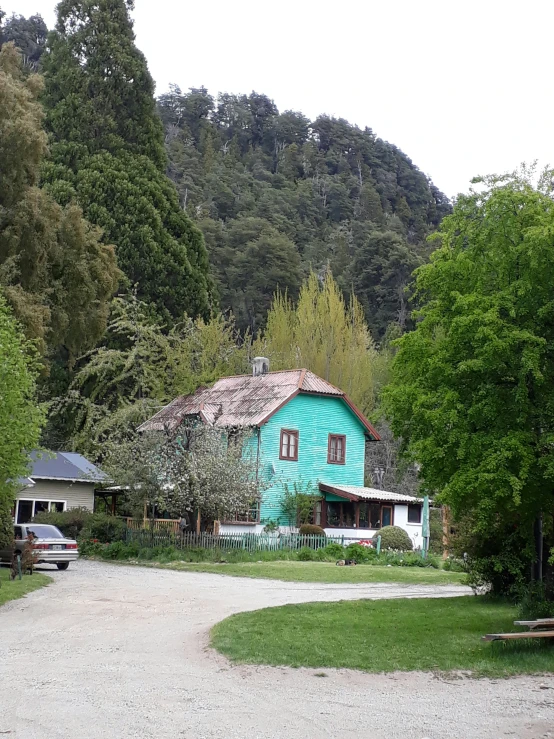 a house with a green door is on the side of the road