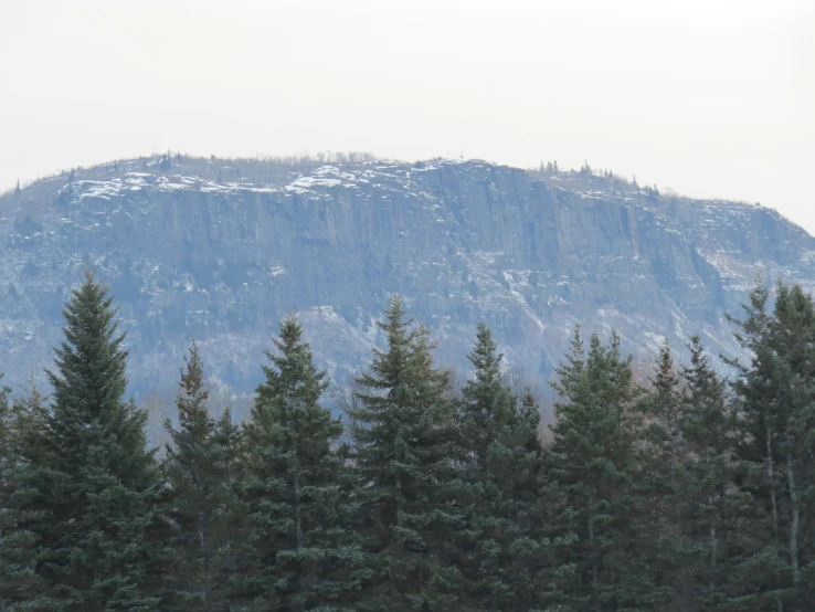 the mountain is covered in snow, and some trees