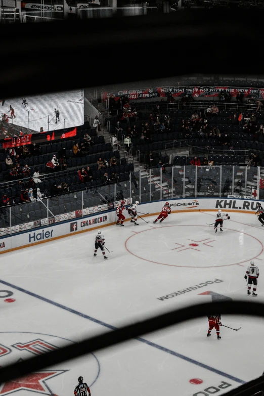 a view from above the ice at a hockey game