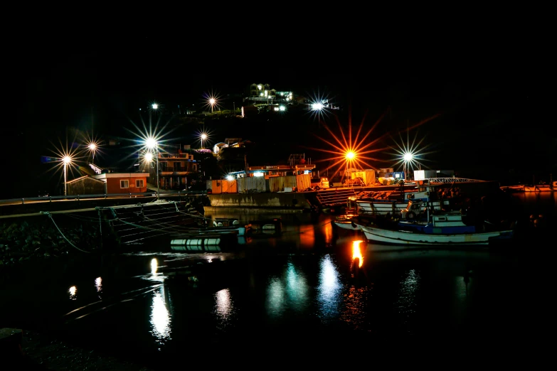 boats parked near docks at night on clear day