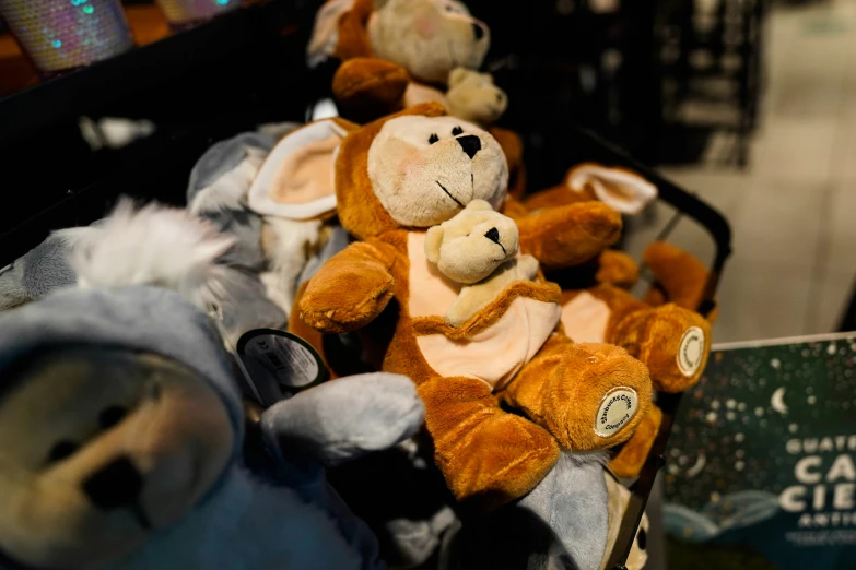 two small stuffed animals are sitting together in a box