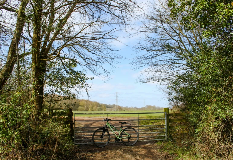 a bicycle leaned against a gate in a field