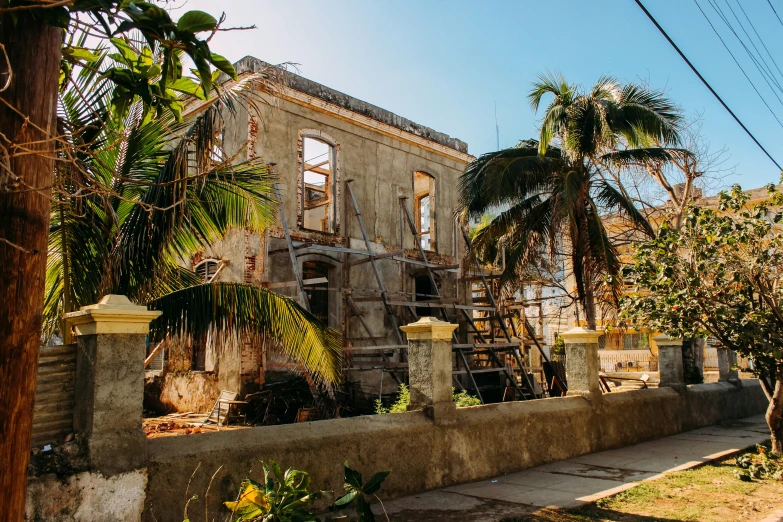 a dilapidated home in a tropical location with palm trees