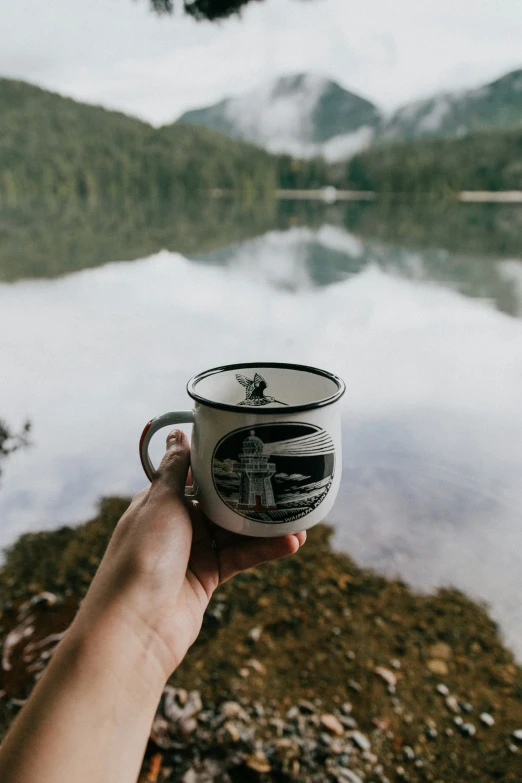 a hand holding a coffee cup near the water